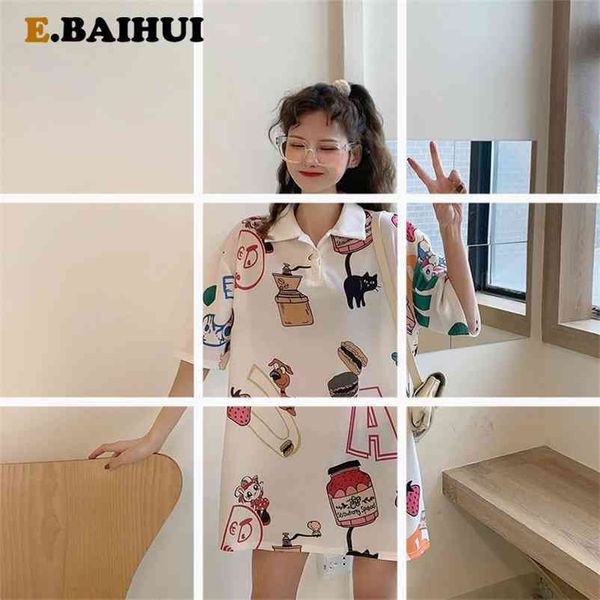 

women summer oversize t shirt female harajuku casual loose t-shirts kpop short sleeve cartoon print long l0368 210522, White