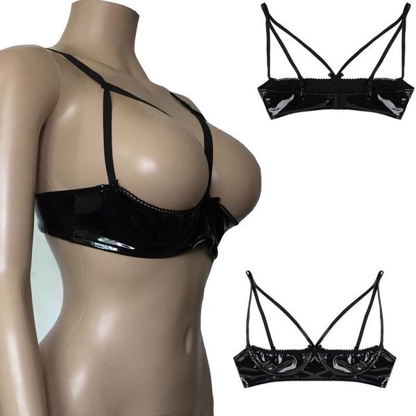 

bras sets women patent leather cupless bra body harness caged open breast tank bralette crop fetish lingerie, Red;black