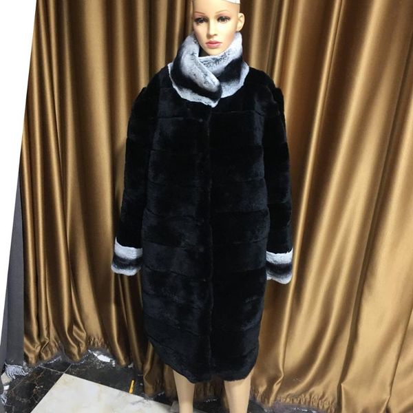 

women's fur & faux coat black long real rex fashion ladies 2021