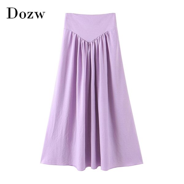 

women purple long pleated skirt high waist side zipper ladies casual s elegant solid maxi faldas mujer 210515, Black