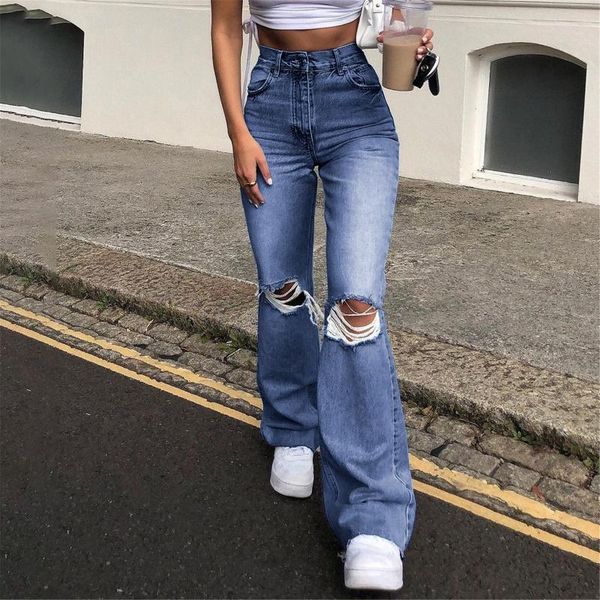 

women's jeans ripped for women high waist vintage flare with holes bottom jean loose denim pants trousers vaqueros #g3, Blue