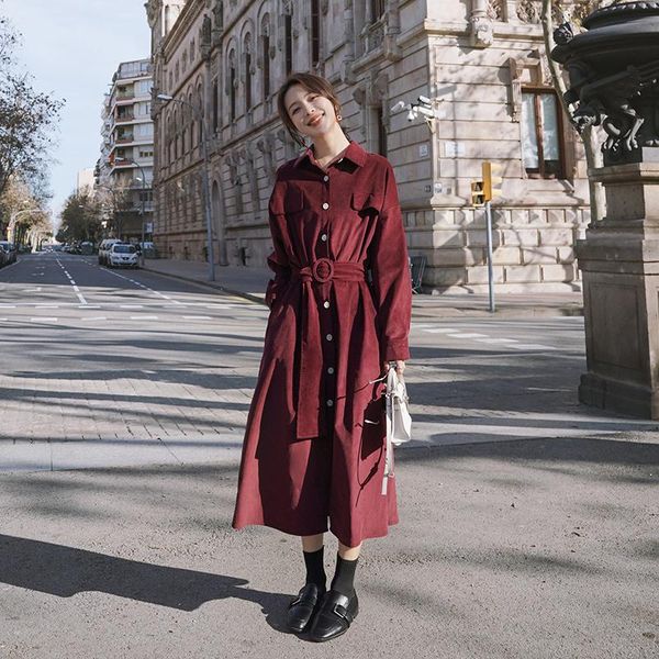 

autumn winter women long sleeve lapel bandage dress vintage corduroy single breasted casual loose korean shirt dresses, Black;gray