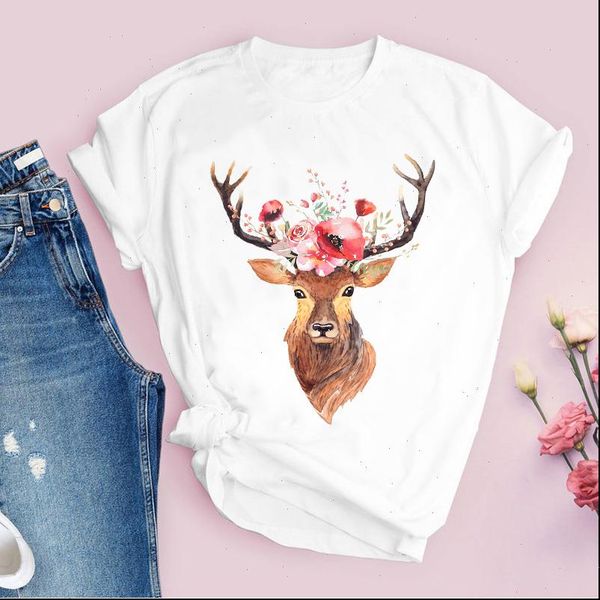 

women printing graphic deer flower womens cute 90s vintage cartoon print lady tees clothing female t shirt, White