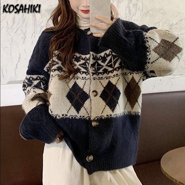 

women's knits & tees kosahiki japanese sweaters for women autumn knitted argyle cardigan korean loose cardigans coats 2021 casual all, White