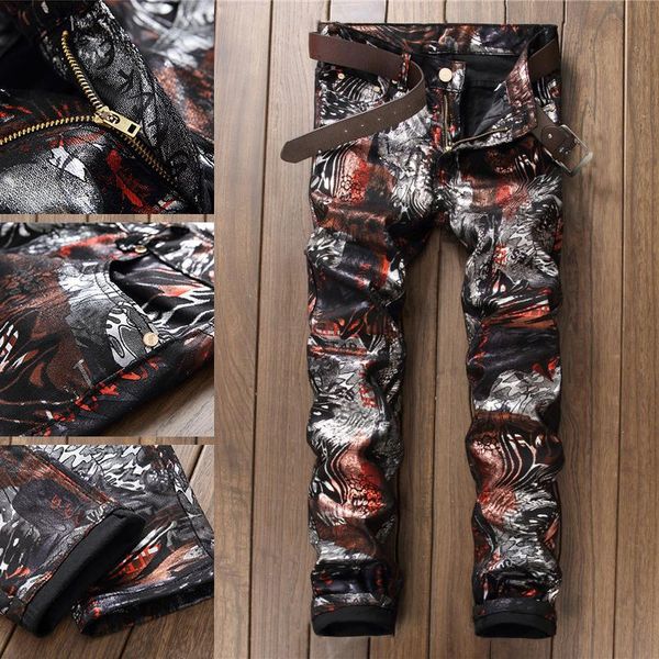 

men's jeans brand cotton denim fashion trend printed large size casual design pants colorful long pl94, Blue