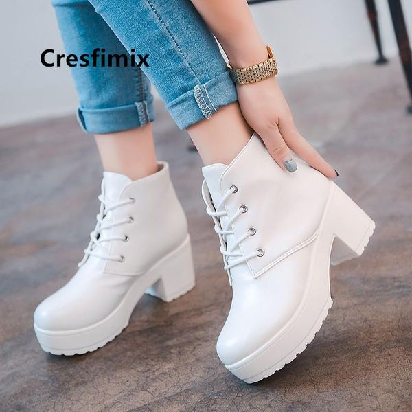 

boots cresfimix lady classic white pu leather lace up female cool women autumn bottes femmes c5454, Black