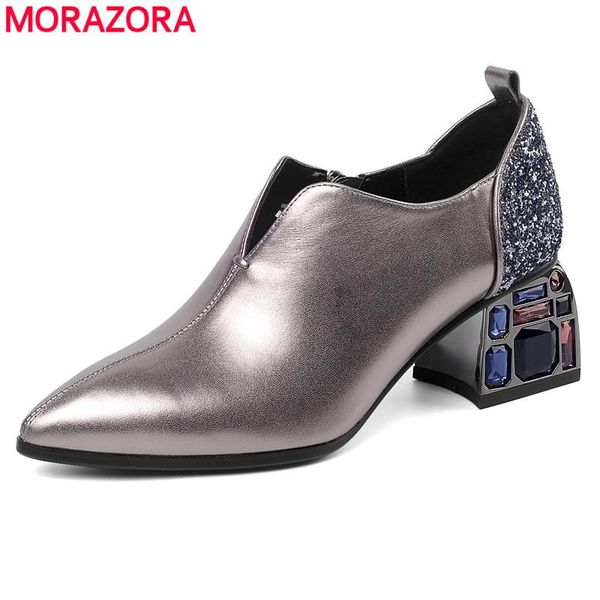 

dress shoes morazora 2021 genuine leather woman spring rhinestone high heels zipper pointed toe ladies fashion, Black