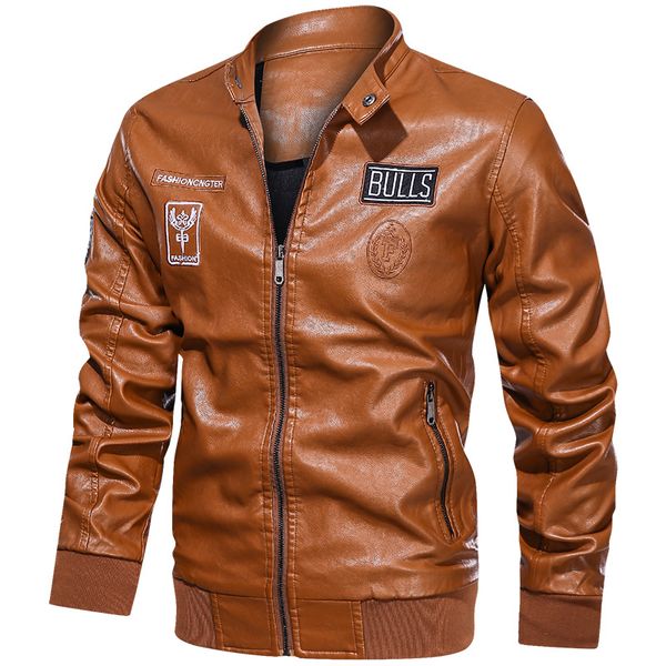 

horn men solid color leather jacket stand collar retro comfortable windproof and warm fashion travel commuter, Black