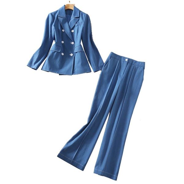 

est fashion 2021 designer runway suit women's double breasted denim blazer pants two piece, White