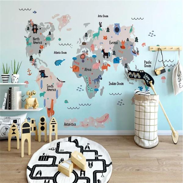 Wallpapers personalizados Mundo dos desenhos animados Mapa Animal Crianças Quarto Fundo Mural Papel de Parede 3d Papel de Parede Azul Decoração de Casa Papel para crianças