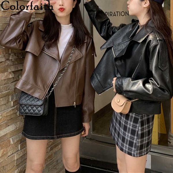 

colorfaith spring winter women's leather jackets outerwear zipper korean style oversized faux leather short jk743 210909, Black