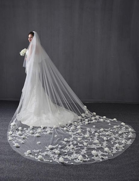 

bridal veils 4 m 3d floral cathedral wedding flower lace two tiers white ivory custom, Black
