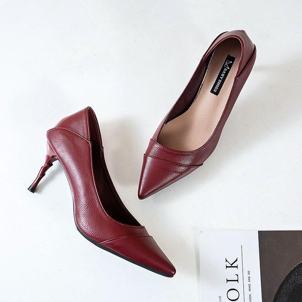 

dress shoes ladies elegant high heels 2021 summer stiletto pointed leather single professional fashion, Black