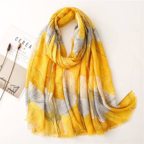 

fashion autumn women ginkgo floral fringe viscose scarf lady print shawls and wraps soft foulard echarpe muslim 180*90cm, Blue;gray