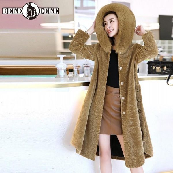 

women's fur & faux winter women real overcoat wool cashmere coat hoody long jacket loose ladies warm natural outerwear coats, Black