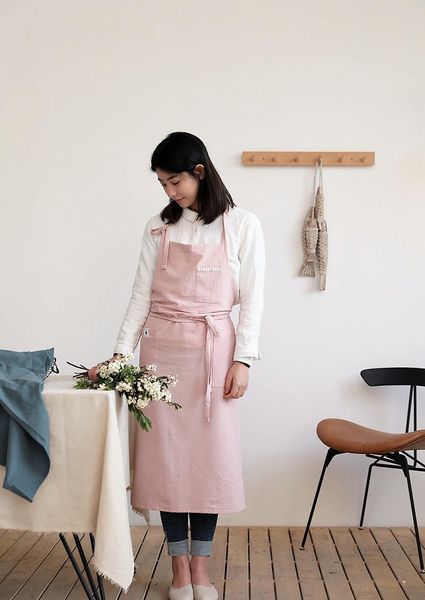 

adjustable japan nordic style soft cotton linen apron flower art with three pockets a towel baking home clothes aprons
