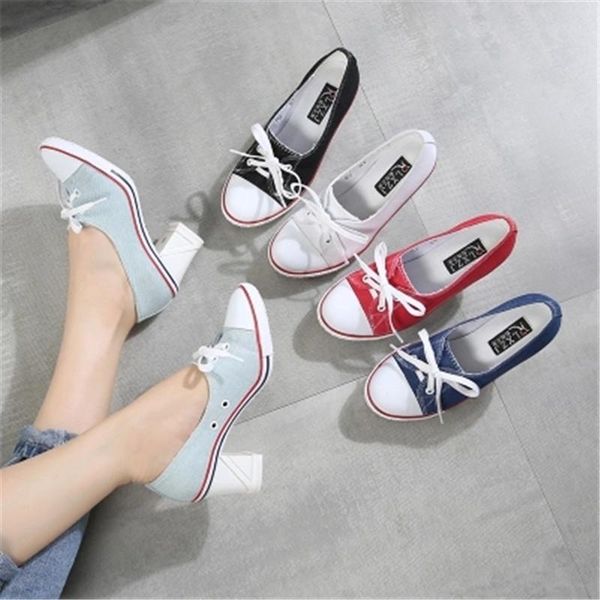 

dress shoes 2021 pumps denim shallow mouth women's heel 8cm canvas student women board size 34-41, Black