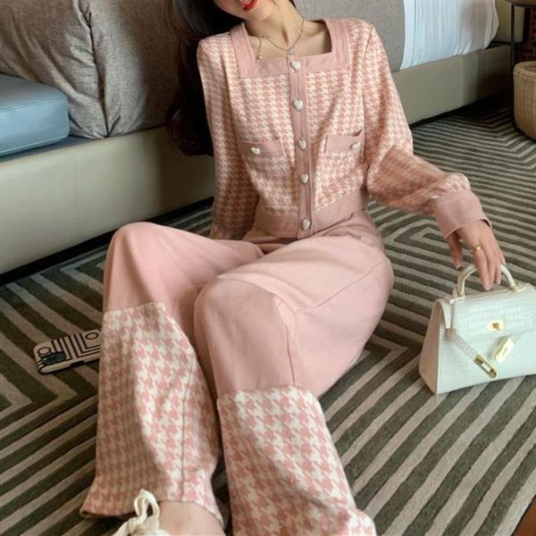 

women's two piece pants houndstooth cardigan long sleeve sweater + wide leg chic trousers 2021 autumn knitted 2 sets womens outfits, White