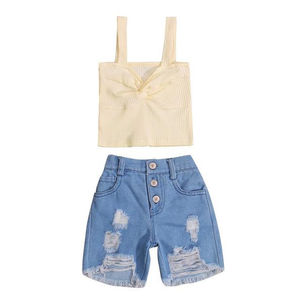 

clothing sets 2021 2-7y fashion kids baby girl clothes set solid color bow sleeveless crop holes denim shorts summer outfits 2pcs, White