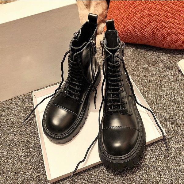 

boots 2021 genuine leather ankle women platform winter shoes woman black lace up short cowgirl motorcycle