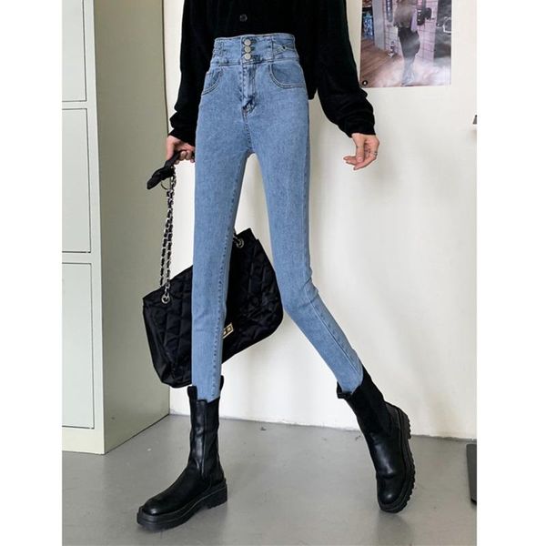 

women's jeans winter korean 2021 high waist slim and versatile design sense pencil pants fashion small leg, Blue