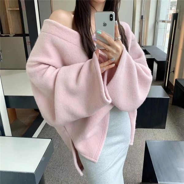 

south korea east gate loose slouchy wind side slit off shoulder large v-neck cashmere plush sweater for women women's tracksuits, Gray