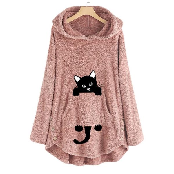 

women's hoodies & sweatshirts womens hoodie cat embroidery kawaii plus size winter warm fleece pullover sweatshirt elegant casual track, Black