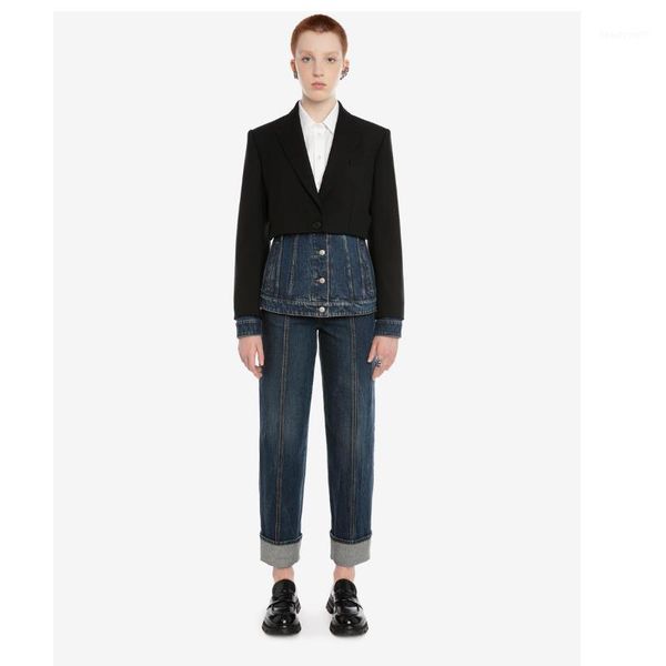 

women's suits & blazers 2021 fall winter suit cotton slim denim coat stitching ladies single-breasted casual jacket, White;black