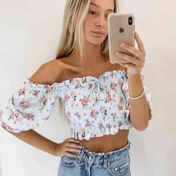 camicetta floreale estiva con spalle scoperte crop top donna boho lace up volant camicetta blu camicia sheer beach blusa feminias 210415