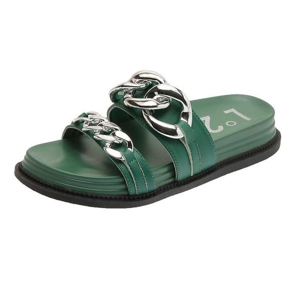 

slippers summer muller women fashion round toe house chain shoes woman 2021 casual green home slides ladies platform slipper, Black
