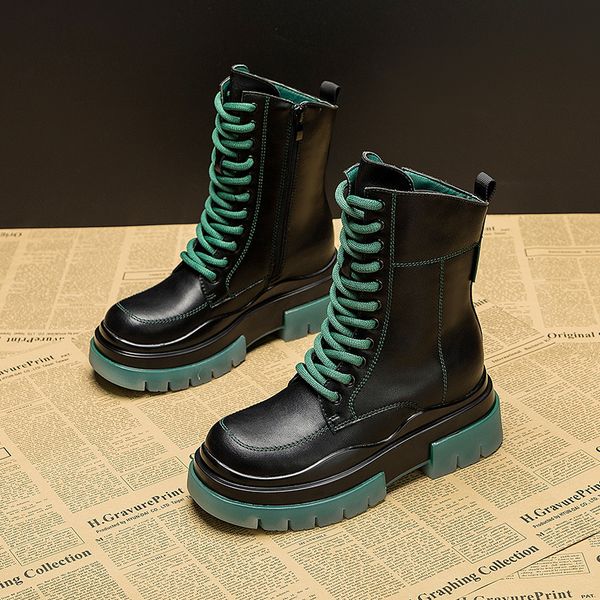 

small size inside heightening martin england 2021 women's leather autumn single boots thick soled middle, Black