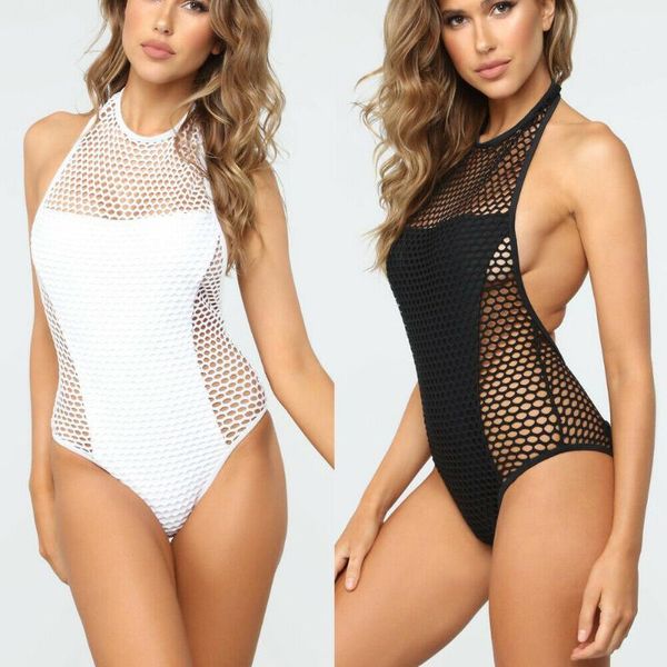 

one-piece suits 2021 women solid one piece fish net hollow swimsuit padded bikini swimwear backless bathing suit beachwear