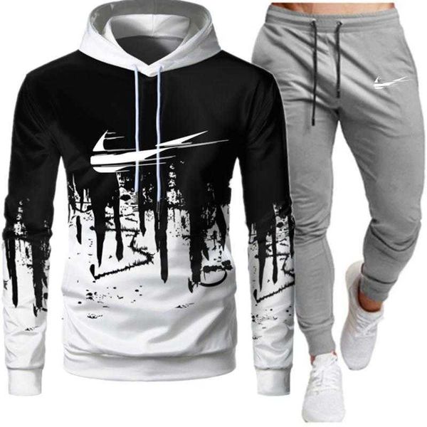 

men's suit pullover plush sweater suit men's ink splashing printing trousers sweater, Gray