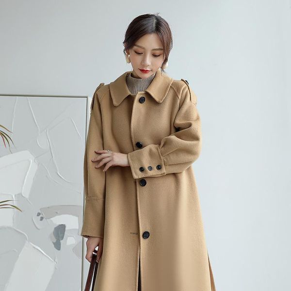 

women's wool & blends 2021 autumn and winter double-sided cashmere coat medium long single breasted doll collar camel, Black