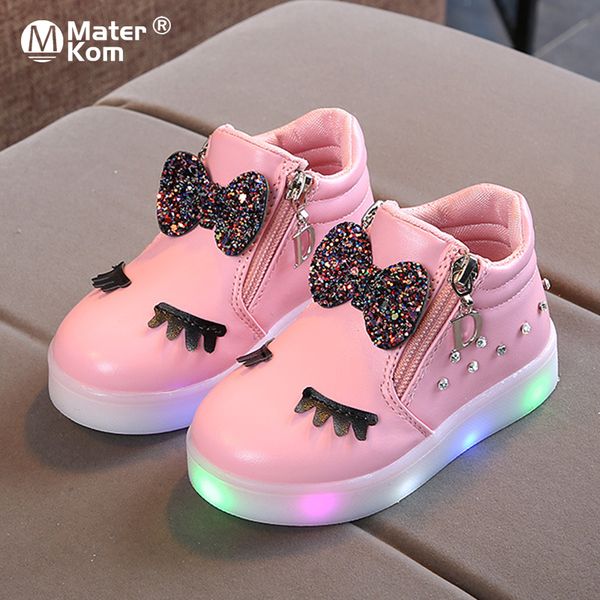 

size 21-30 children glowing sneakers kid princess bow for girls led shoes cute baby sneakers with light shoes baby girl shoes, Black;red