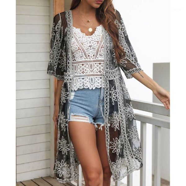

embroidery kimono fashion casual white black lace hook floral cardigan beachwear bikini cover ups holiday beach blouse 2021 women's swi