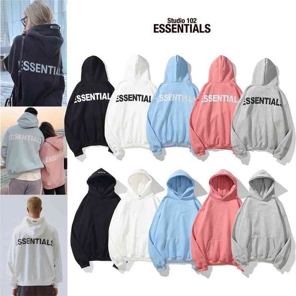

fog feel of god essentials back 3m reflective embroidery men's and women's hoodies, Black