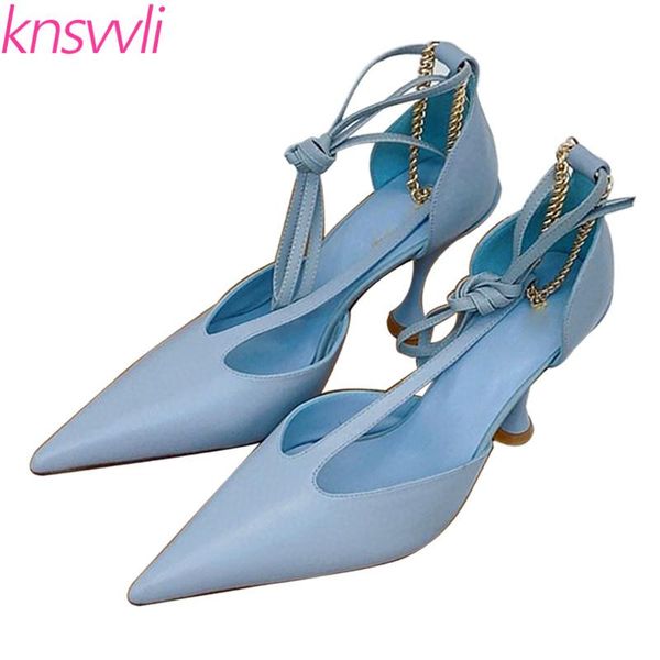 

high heels women metal chain ankle cross tied dress party shoes woman genuine leather pumps brand for, Black
