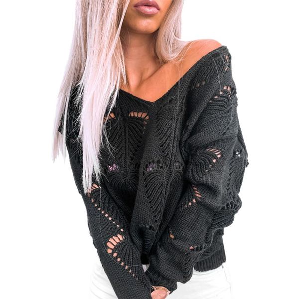 

women's sweaters vicabo autumn hollow out women sweater v neck pure color casual knitted clothing long sleeve loose ladies pullovers, White;black