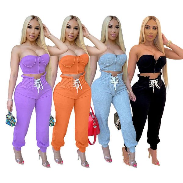 

women summer crop two pieces outfit zipper long bandage pants clothing sets designer high waist tracksuits, White