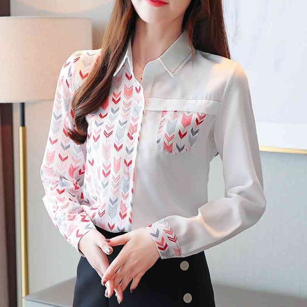 

blouses women autumn splice flower print long-sleeved chiffon shirt fashion women's blouse office blusa 93d 210420, White