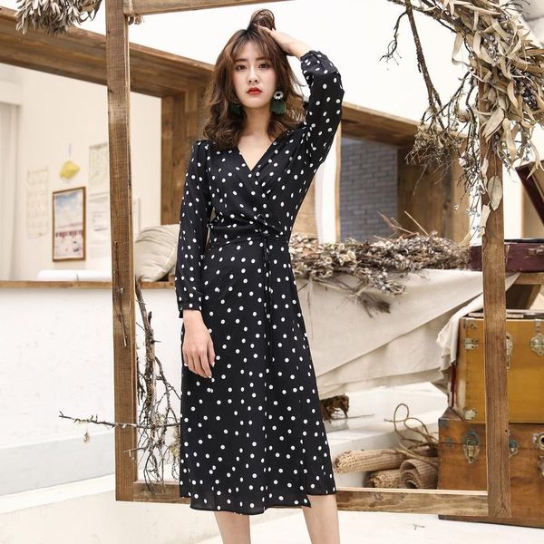

casual dresses women's clothing christmas pullover femme jurken work polka dot chiffon dress plus size bodycon long 2021 autumn, Black;gray