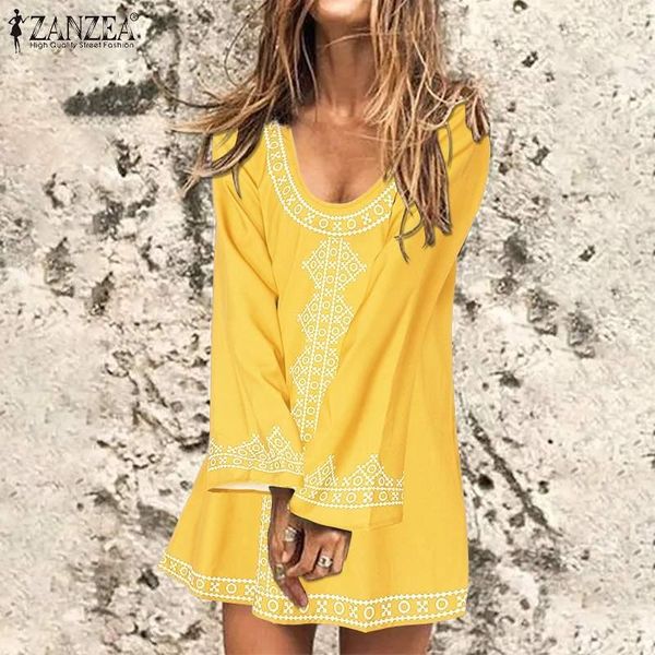 

casual dresses 2021 autumn mini robe zanzea elegant printed vestdos holiday beach lady long sleeve womens bohemian short dress, Black;gray