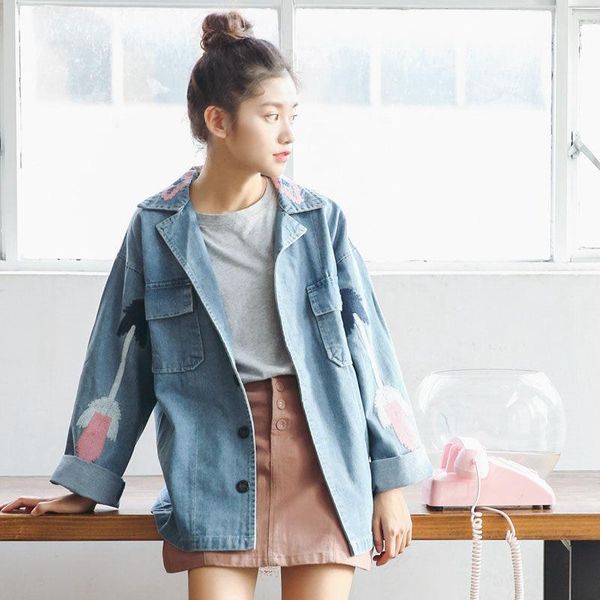 

women's jackets denim embroidery chic coat female 2021 autumn bf wind loose korean fashion collage jacket jeans student shirt blusa f13, Black;brown