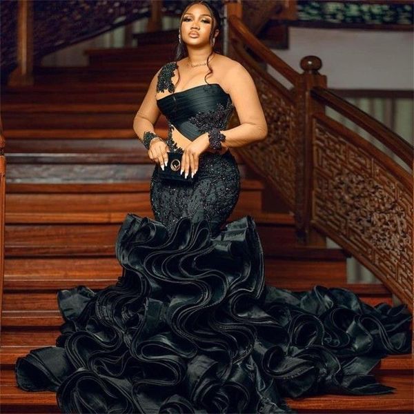 Elegante schwarze Meerjungfrau-Abendkleider mit Rüschen, durchsichtig, langärmelig, Damen-Abschlussballkleid, Spitze, Perlen, Partykleid für Hochzeiten