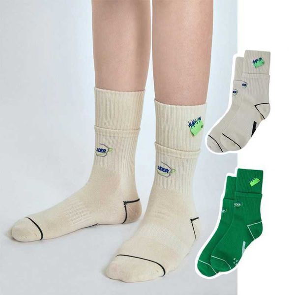 

sports, casual autumn winter ader double screw stitched cloth label embroidered korean sports couple medium tube cotton socks, Black