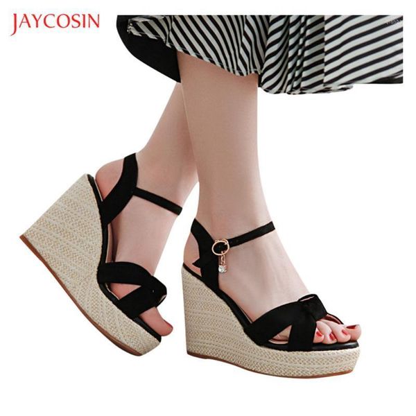 

jaycosin summer platform women sandals 2021 fashion buckle strap wedges shoes casual woman peep toe espadrille1, Black