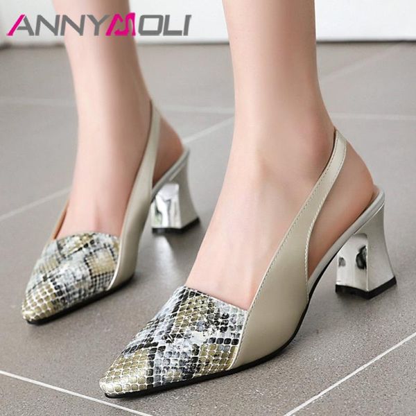 

dress shoes annymoli slingbacks woman high heels snake print thick heel female pumps pointed toe lady footwear silver blue big size 46, Black