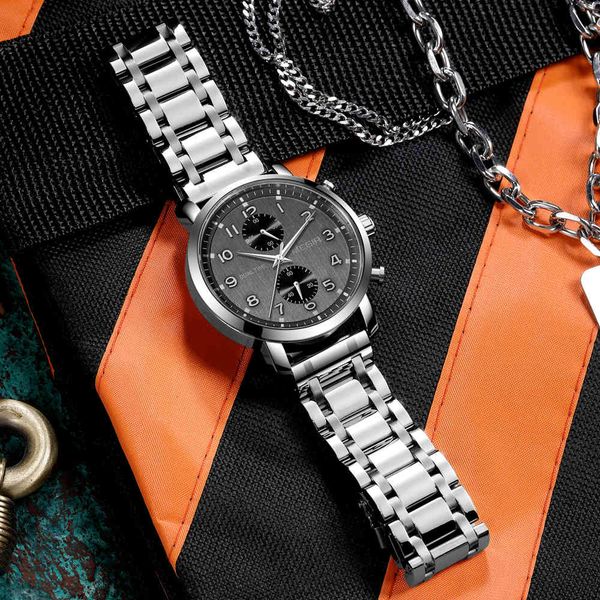 

watches megir stainless steel quartz wrist for man grey dial waterproof chronograph business watch men clock relogio masculino, Slivery;brown