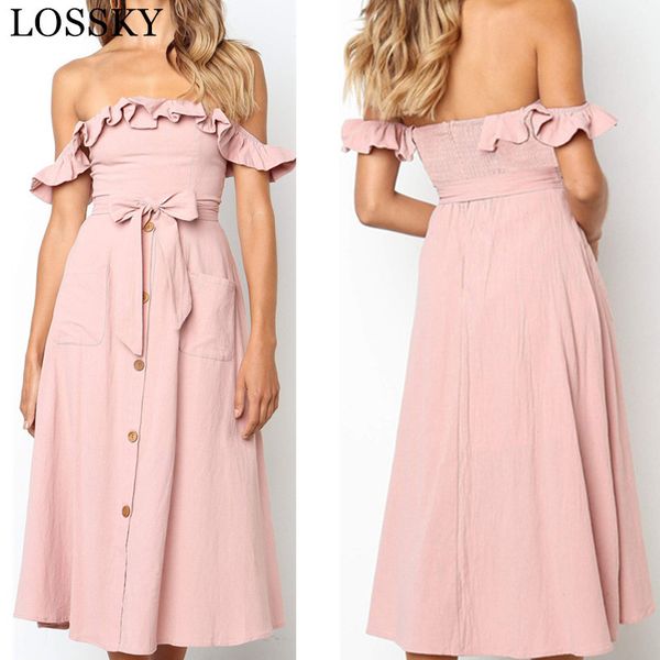 

elegant off shoulder ruffle women party dress black button belt summer casual female midi lady vestidos festa 210520, Black;gray